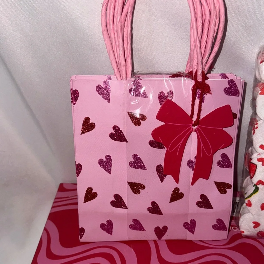 Pink Heart Gift Bags Set of 6 & 32 count Cherry Hearts Lunch Napkins